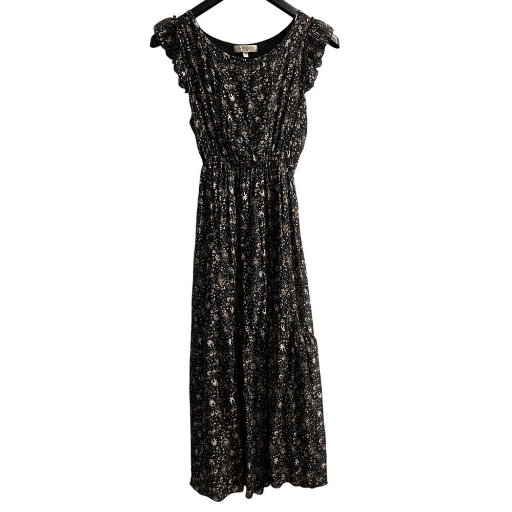 Le Raganne Dress Black Floral Silk Blend Tiered Midi Size S Dark Romantic Fairy